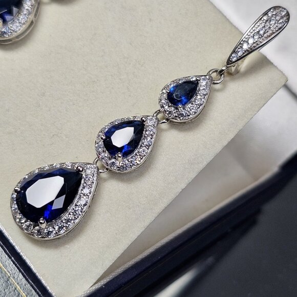 Royal Blue Drop 925 Sterling Silver Earrings, Long Bridal Birthday Gift - Picture 3 of 12